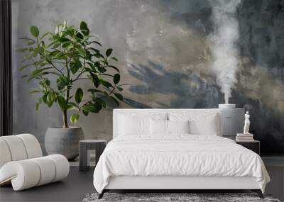 Air humidifier near houseplant against grey wall Wall mural