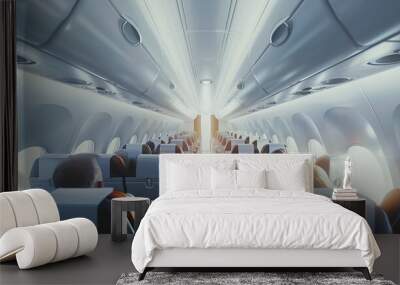 airplane cabin, with passengers sitting calmly in their seats, natural sunlight coming through the windows, the air appearing clean and fresh Wall mural