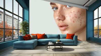 Allergy concept. Young woman with pimples on her face, closeup Wall mural