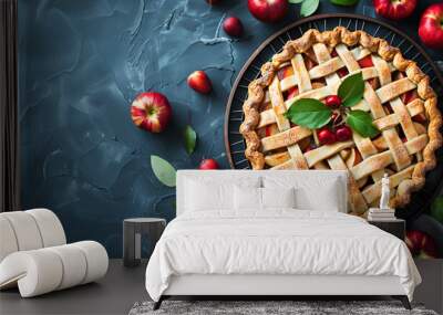 apple pie with fresh fruits on a darl background, top view Wall mural