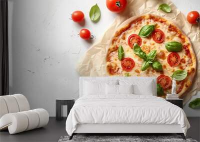 Baking paper with tasty pizza Margarita and basil on white background Wall mural