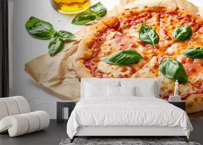 Baking paper with tasty pizza Margarita and basil on white background Wall mural