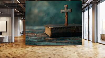 Bible, crosses on dark gray wooden table against black background. Religion of Christianity Wall mural