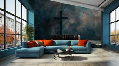 Bible, crosses on dark gray wooden table against black background. Religion of Christianity Wall mural