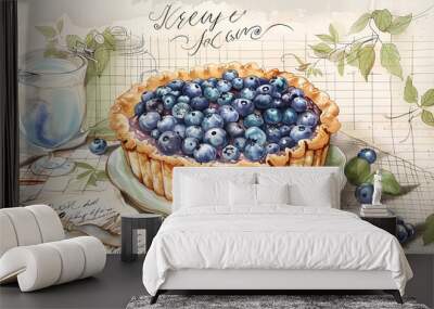 blueberry pie recipe for food card decor, vintage style Wall mural