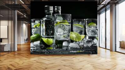 Bottle and glasses of vodka with lime on black background Wall mural