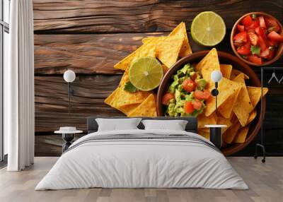 Bowl of delicious guacamole, lime and nachos chips on wooden table, top view Wall mural