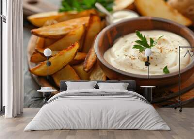 Bowl of mayonnaise with dipped potato wedge on wooden board, closeup Wall mural