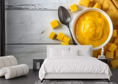 Bowl of tasty cheddar sauce and spoon with cheese cubes on light wooden table, top view, copy space for text Wall mural