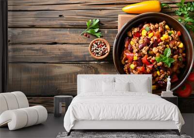 Bowl with delicious chili turkey and fresh vegetables on wooden table Wall mural