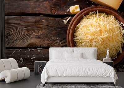 Bowl with grated cheese on wooden background Wall mural