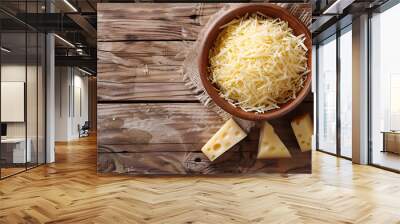 Bowl with grated cheese on wooden background Wall mural