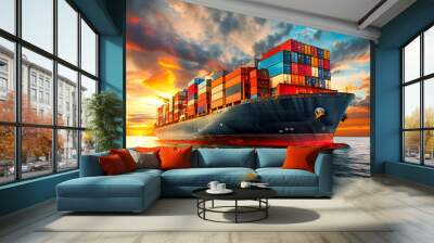 cargo maritime ship with contrail in the ocean ship carrying container and running for export concept technology freight shipping by ship forwarder mast Wall mural