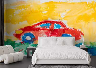 Child's painting of car on white paper Wall mural