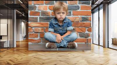 Child abuse. Upset boy sitting on floor near brick wall indoors Wall mural