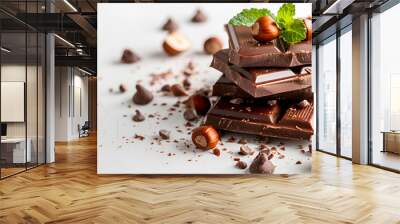 Chocolate with hazelnut and mint leaf isolated on white background Wall mural