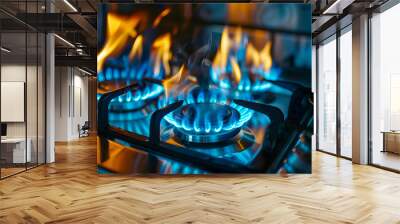 Close-up of a blue fire on a home kitchen stove. Gas stove with burning propane flame Wall mural