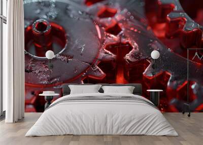 Close up steel gear concept with red light shades copy space background Wall mural