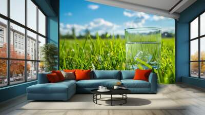 close up view of water filled glass on summer background Wall mural