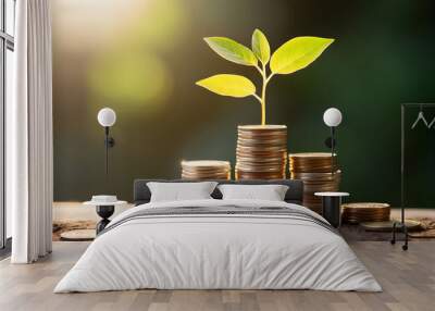 Coins stack with step growing plant and sunshine blurred nature Wall mural