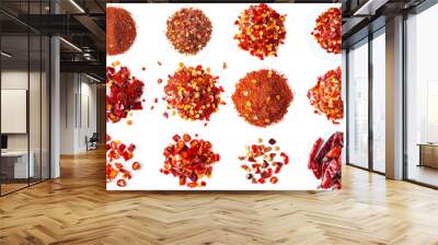 Collage of red chili flakes on white background, top view Wall mural