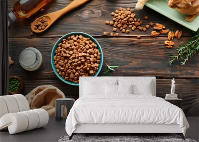 Composition with bowl of wet food and pet care accessories on wooden background Wall mural