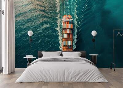 container ship sailing in the ocean top view Wall mural