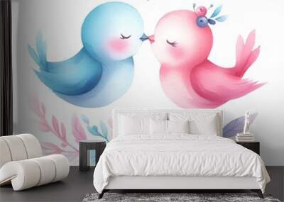 Couple of two color birds kissing watercolor paint for valentine's day holiday card decor Wall mural