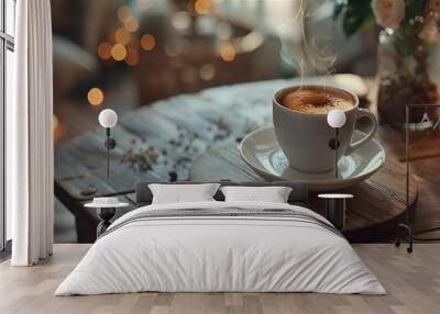 Cup of aromatic hot coffee on table Wall mural