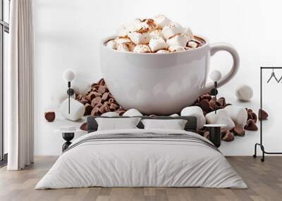 Cup of delicious hot chocolate with marshmallows isolated on white Wall mural