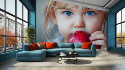 cute child smiling bites apple. nutrition for caries prevention. portrait of little girl with fruit on blue background. kid eating healthy food, snack. teeth, dental health, smile. children dentistry Wall mural