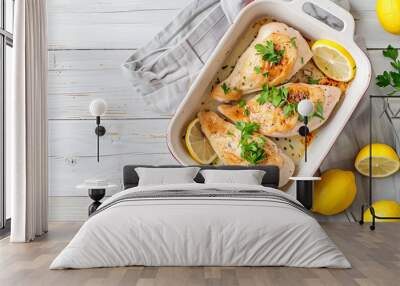 Delicious chicken breasts with lemon in baking dish on table Wall mural