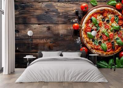 Delicious pizza served on wooden table Wall mural