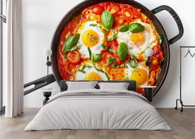 Delicious shakshuka in frying pan isolated on white, top view Wall mural