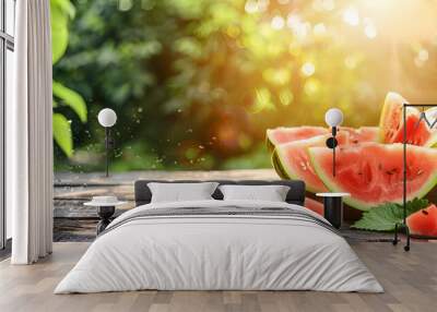 Delicious watermelon outdoors wooden table, GREEN natural background Slice sunny day, Heap, Fresh ripe red, summer sunny garden juice drink organic sweet fruit, vegan food Tasty sliced board Wall mural