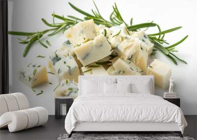 Diced Blue cheese with rosemary isolated on white background with clipping path and full depth of field. Top view. Flat lay Wall mural