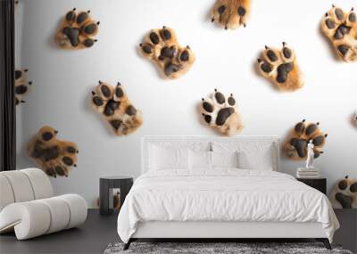 Dog paw prints on white background, pattern Wall mural