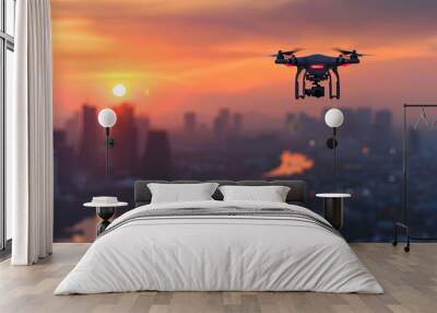 drone quadcopter with digital camera on blur sky city background Wall mural