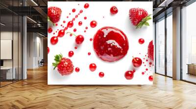 Drops of sweet strawberry jam and fresh berry on white background Wall mural