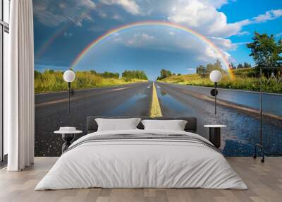 Empty asphalt road with rainbow - Nature landscape Wall mural