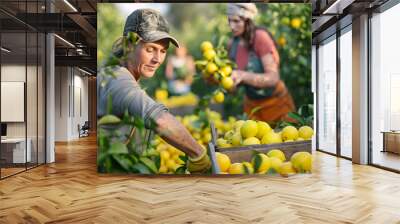 Female farm workers picking ripe lemons in boxes in fruit garden Wall mural