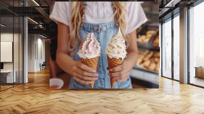 Female seller holding two yummy ice creams in waffle cone at the shop, close-up Wall mural