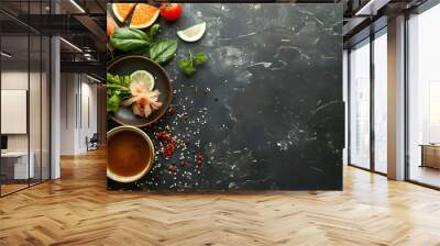 Flat lay composition with ingredients for sushi on dark textured table Wall mural