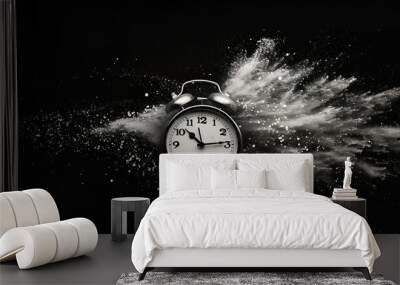 Fleeting time concept. Analog clock dissolving on black background Wall mural