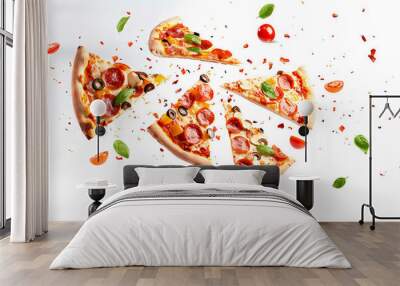 Flying slices of tasty pizzas on white background Wall mural