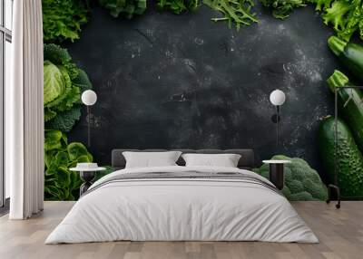 Frame of green raw vegetables on black background. Top view of healthy organic food. Flat lay. Copy space Wall mural