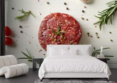 fresh beef burger with rosemary and spices isolated on white background, top view Wall mural