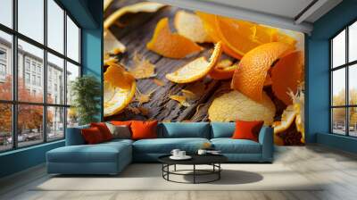 Fresh orange fruit peels on wooden table, closeup Wall mural