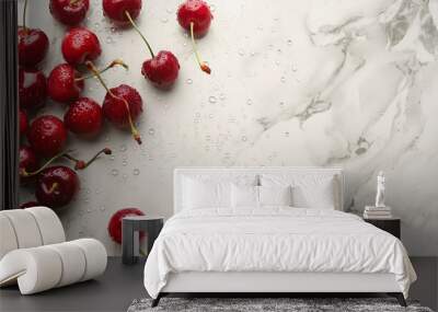 Fresh ripe cherries with water drops on white marble table, flat lay. Space for text Wall mural