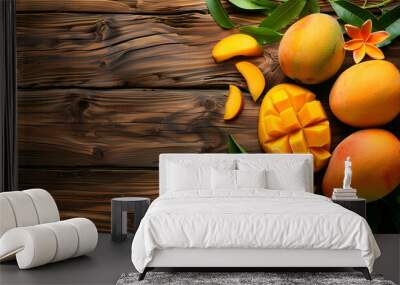 Fresh sliced, cut, diced ripe mango on gray table background with leaf for eating Wall mural